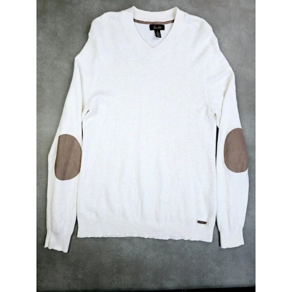 Tasso Elba Size Large Women's Vanilla Long Sleeve Logo Tag V Neck Elbow Patch - Picture 1 of 12